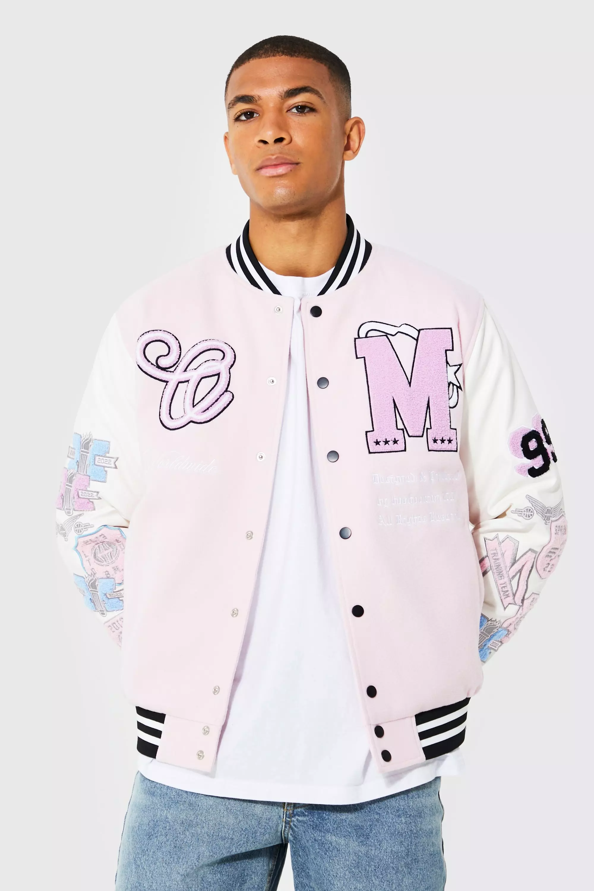 Pink varsity jacket mens sale